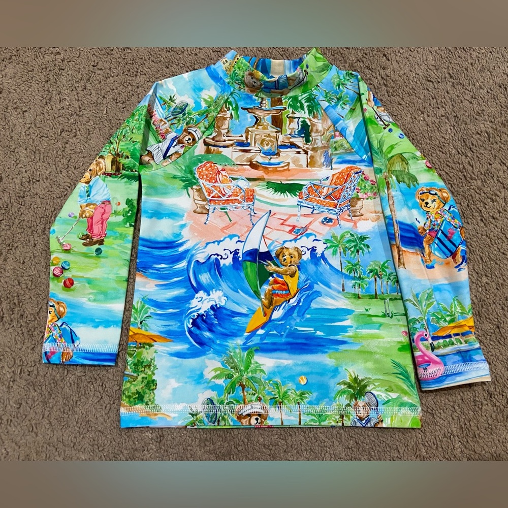 Polo Ralph Lauren Swim Rash Guard Shirt Palm Beach Bear Girls Size 2/2T Unisex